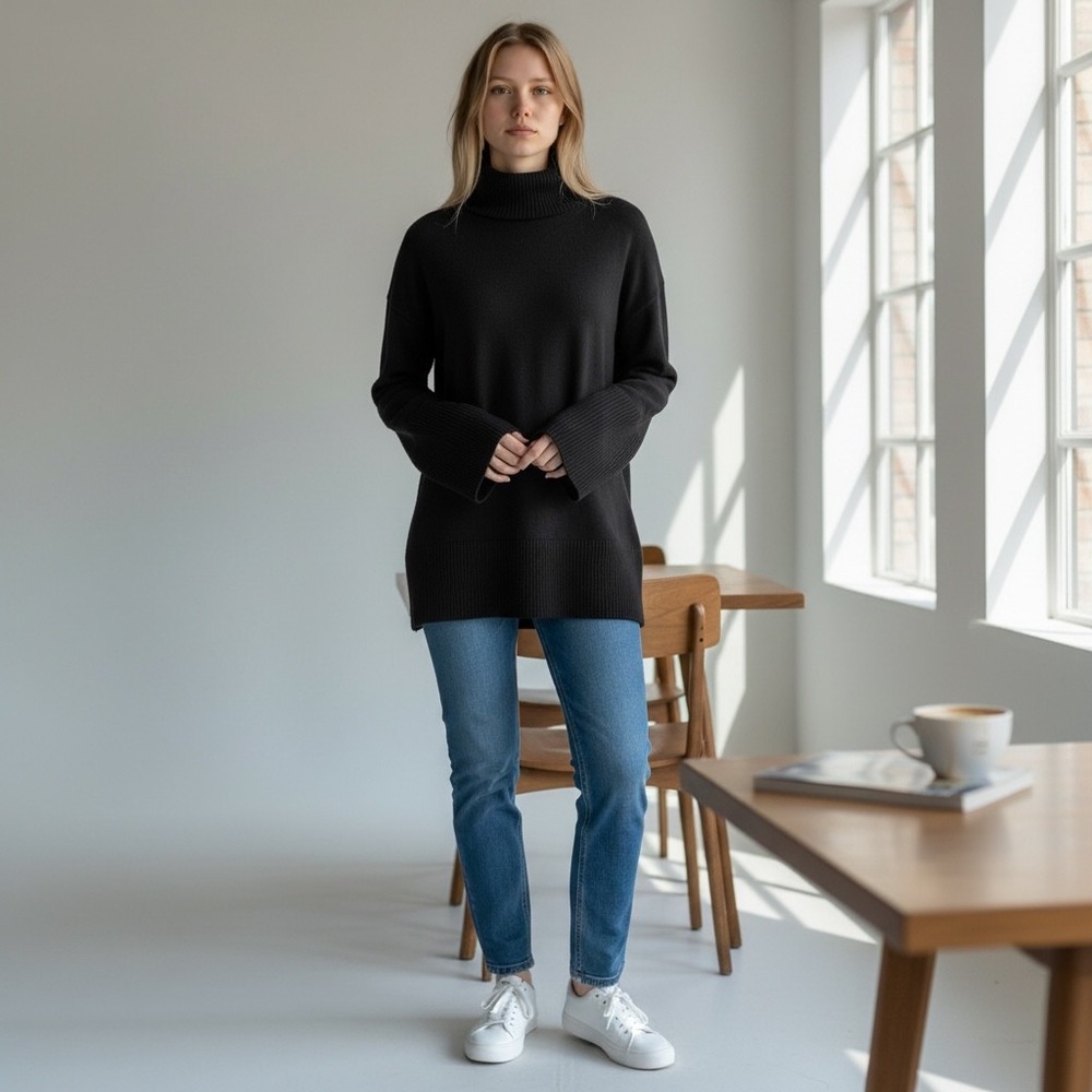 PREMISE Black Classic Turtleneck Sweater‎ L G Acrylic Timeless Bell Sleeve